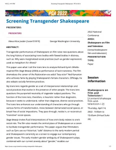 Screening Transgender Shakespeare, Popular Culture Association National Conference