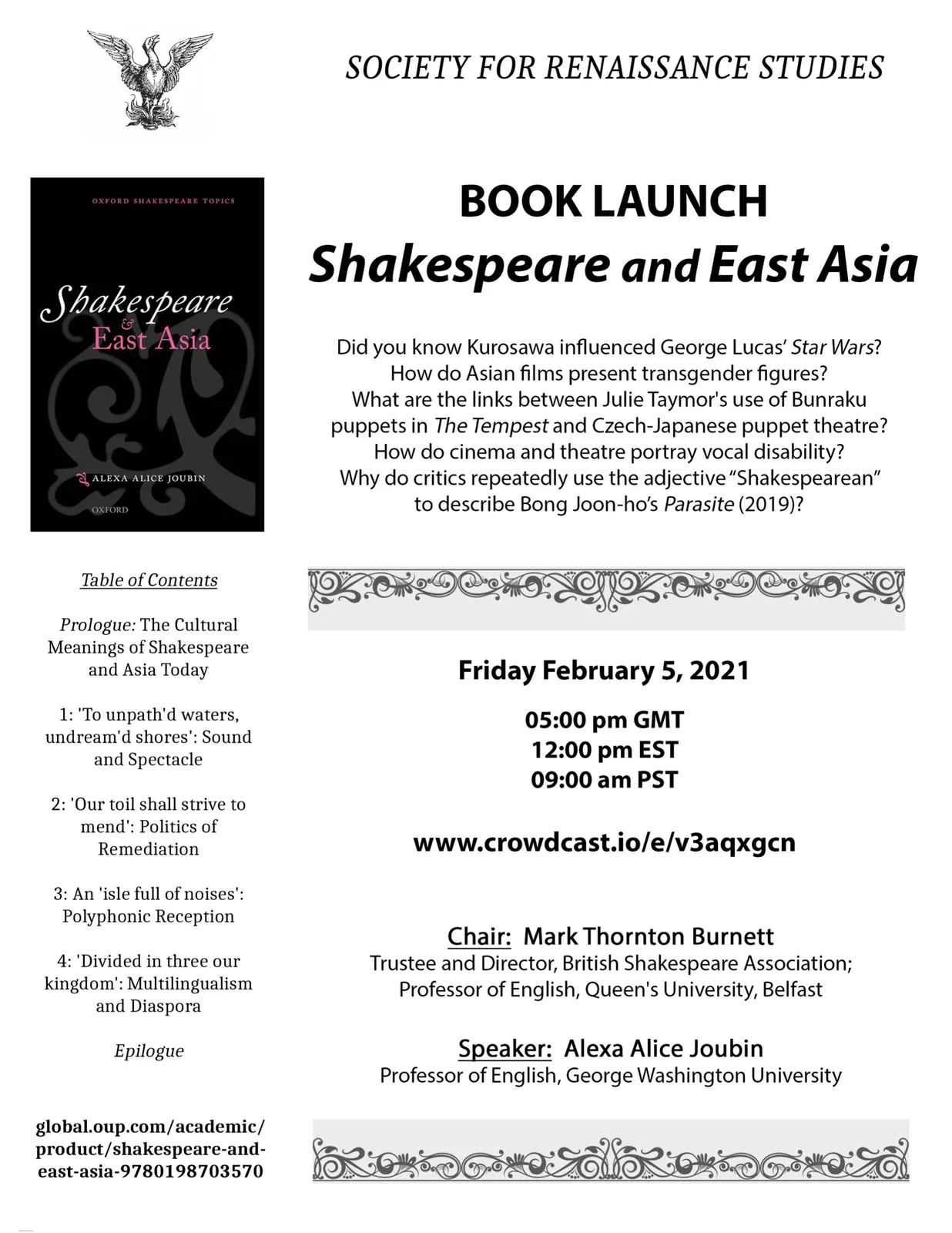 Society for Renaissance Studies Book Launch: Shakespeare and East Asia Friday, February 5, 2021, 12:00 pm EST