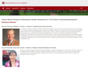 Keynote at the Strode Program in Renaissance Studies Symposium on “Teaching Global Shakespeare and Non-Linear Thinking through Digital Humanities,” University of Alabama, Tuscaloosa